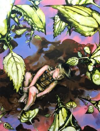 Jongen tussen brandnetels